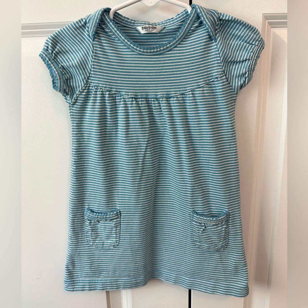 Baby Boden Girls Blue and White Striped Dress 100% Cotton (Size 6-12 Months)